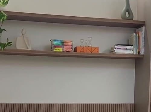 Estante de madeira do consultório com livros, ampulhetas, uma escultura clara e um vaso verde